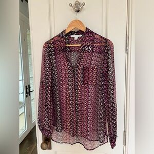 Diane Von Furstenberg Purple Black Gold textured Silk Blouse, Size 4